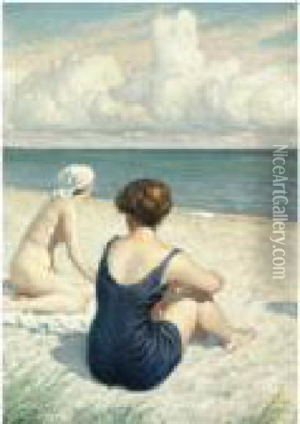 Kvinder Pa Stranden I Falsterbo (women On The Beach Atfalsterbo) Oil Painting - Paul-Gustave Fischer