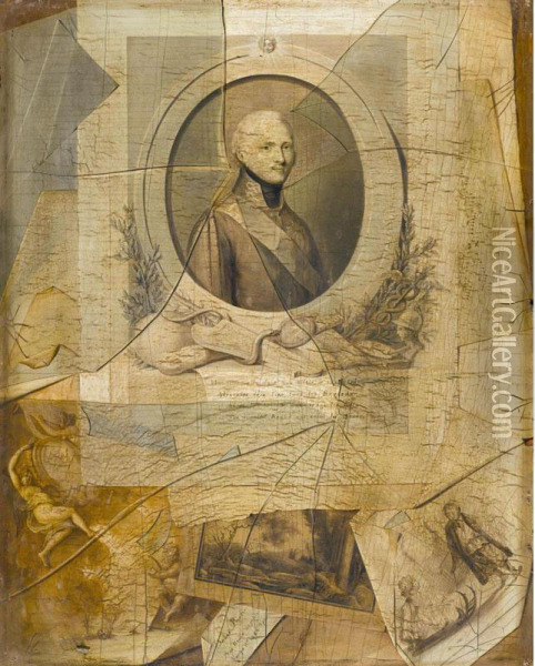 Trompe L'oeil With A Print Of Tsar Alexander I Of Russia Together With Other Prints And Drawings Behind A Broken Pain Of Glass Oil Painting - Laurent Dabos