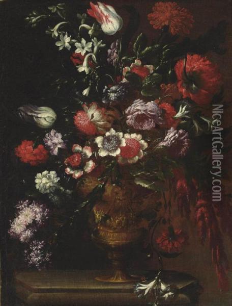 Roses, Carnations, Tulips, Poppies And Other Flowers In An Urn On A Ledge Oil Painting - Andrea Scaccati