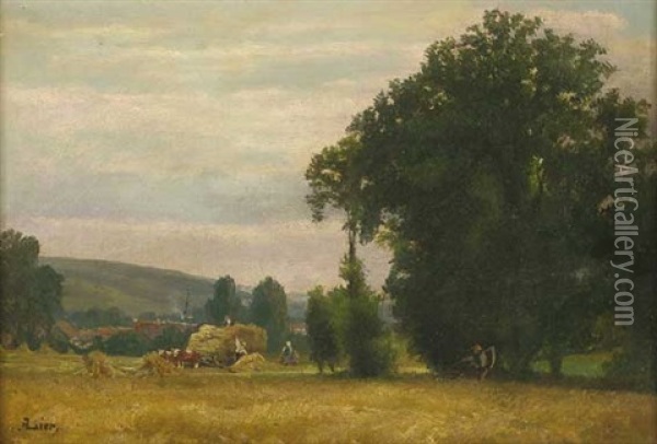 Sommerlandschaft Mit Getreideernte Und Dorf Im Hintergrund Oil Painting - Adolf Heinrich Lier