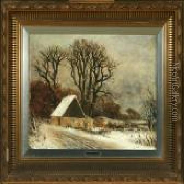 Wintrylandscape With A House And Bare Trees Oil Painting - Nordahl Peter Frederik Grove