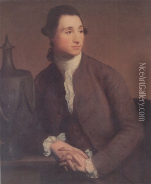 Portrait Of Thomas Rogers Wearing A Brown Coat, Resting On A Ledge, Next To An Urn Oil Painting - Tilly Kettle
