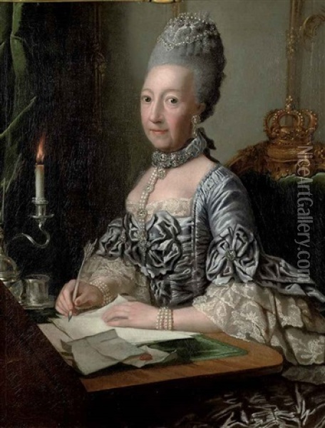 Portrait Of Ulrike Sophie, Princess Of Mecklenburg-schwerin, In A Silver Dress With Lace Cuffs, Seated At A Writing Desk Oil Painting - Georges David Mathieu