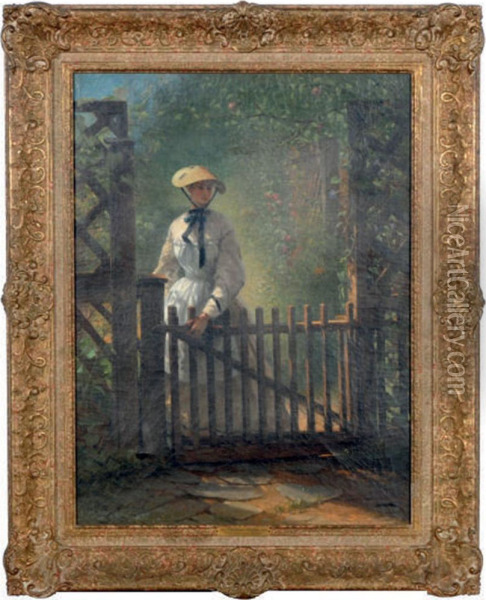 A Young Lady At The Garden Gate Oil Painting - Thomas Hicks