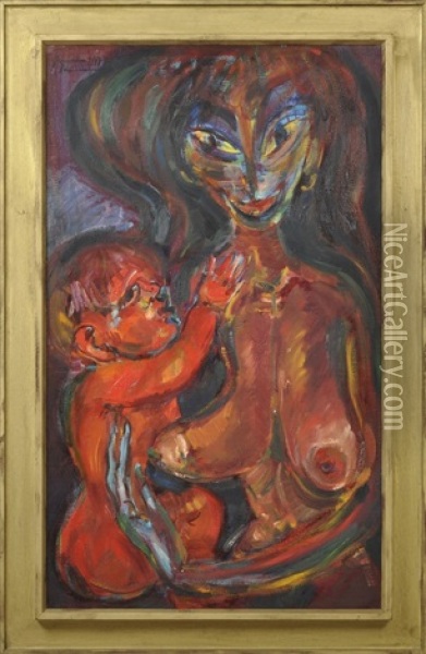 Mutter (halbakt) Mit Kind Oil Painting - Hermann Neumann