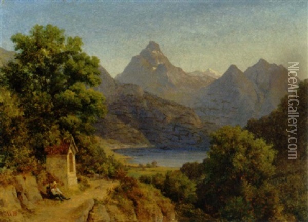 En Vandringsmand Holder Hvil Ved Et Vejalter I Et Norsk Bjerglandskab Oil Painting - August Wilhelm Boesen