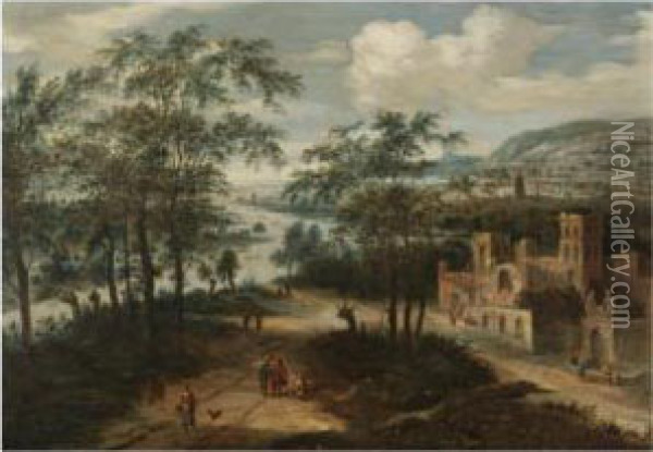 A River Landscape With Figures On A Track By A Ruined Monastery Oil Painting - Dionys Verburgh