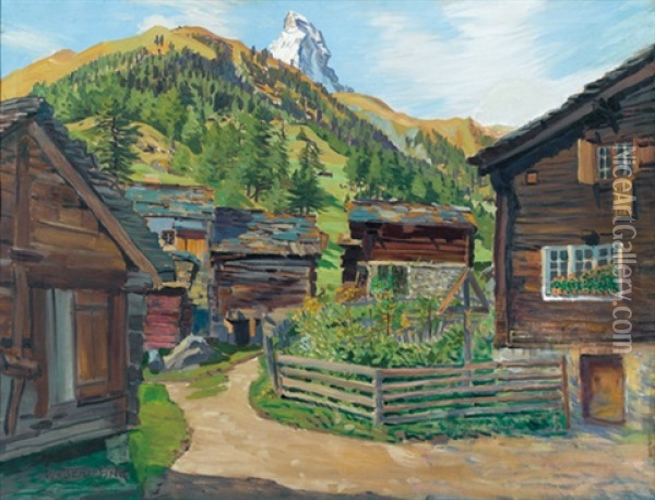 Sommerliche Ansicht Des Dorfes Zum See Mit Matterhorn Oil Painting - Waldemar Theophil Fink