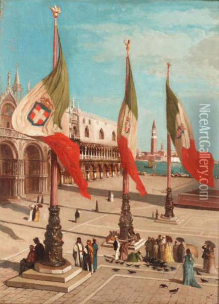 St. Mark's Square With The Doge's Palace And The Giudecca Beyond Oil Painting - Alexandre Hannotiau
