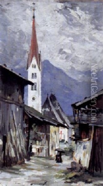 Blick Auf Das Kirchdorf Mieders Im Stubaital Oil Painting - Paul Rudolf Heinrich Poetzsch