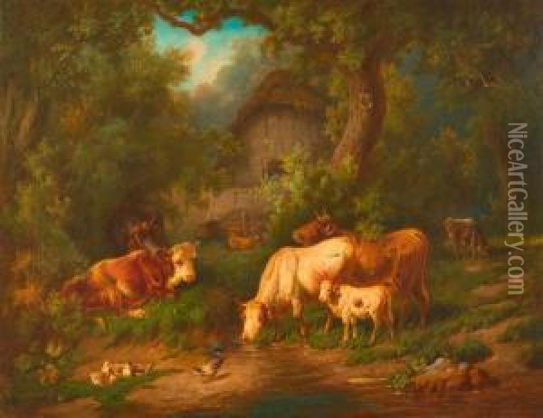 Kuhe Am Bach Im Wald. Oil Painting - Louis, Ludwig Reinhardt