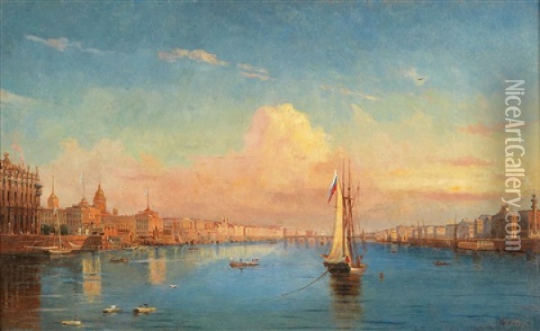 A View Of The Neva River From The Stock Exchange Oil Painting - Alexandr Nikolaevich Mordvinov