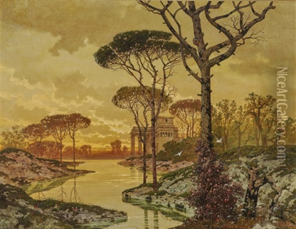 Evening Shore Landscape With An Antique Style Villa Oil Painting - Ferdinand Knab