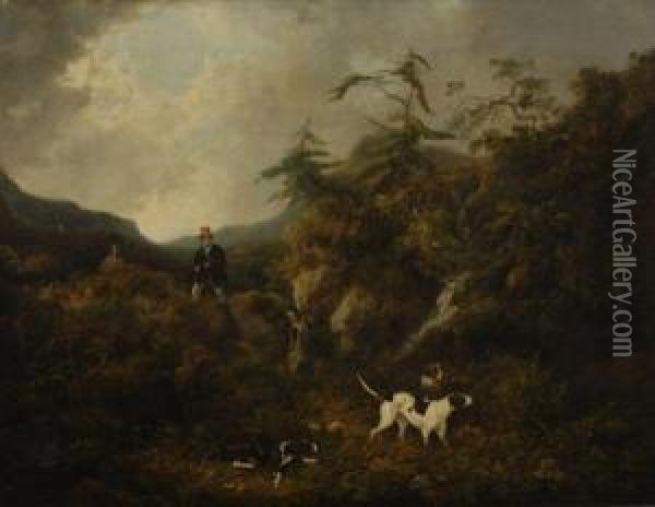 Shooting In A Highland Landscape Oil Painting - Charles Henry Schwanfelder