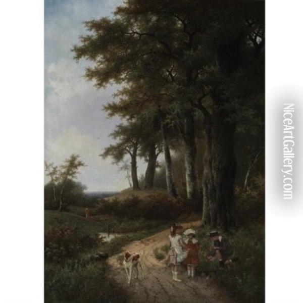Children Picking Flowers In A Park (in Collab. W/hendrik Pieter Koekkoek) Oil Painting - Albert Roosenboom