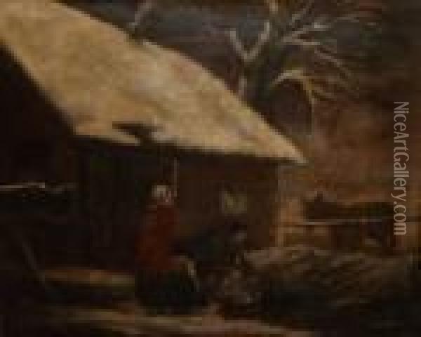 Figures With Donkey By A Snow-coveredcottage In Winter Oil Painting - George Morland