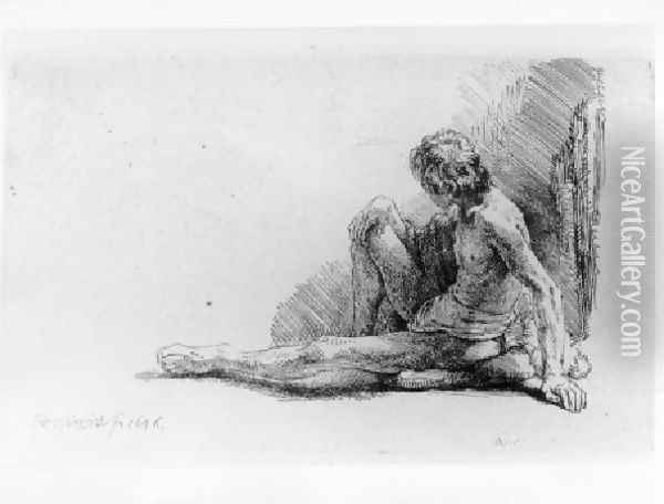 Nude Man Seated on the Ground with One Leg Extended Oil Painting - Rembrandt Van Rijn