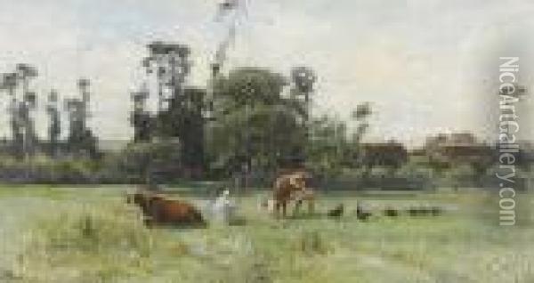 Ebene Landschaftspartie Mit Bauerin Und Kuhen Bei Gehoft. Oil Painting - Victor-Jean-Baptiste-Barthelemy Binet