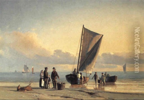Strandparti Med Hjemvendende Fiskere Oil Painting - Carl Johann Neumann