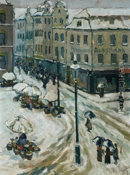 Winterlicher Markttag Auf Der Bilker Strase In Dusseldorf Oil Painting - Ferdinand Carl Cuerten