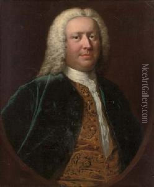 Portrait Of Henry Crispe Of 
Catton (b.1687), Bust-length, In A Blue Velvet Coat And Gold Embroidered
 Waist-coat, Feigned Oval Oil Painting - Thomas Frye