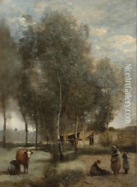 Sainte-Catherine-Les-Arras Prairies Plantee D'Arbres Avec Quelques Cabanes Au Fond Oil Painting - Jean-Baptiste-Camille Corot