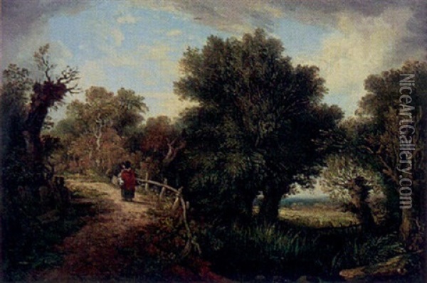 Figure On A Path By A Pond Oil Painting - James (Sillet) Sillett