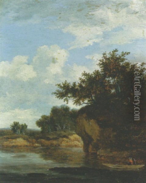 A River Landscape With A Fisherman In A Punt Oil Painting - Jacob Van Ruisdael