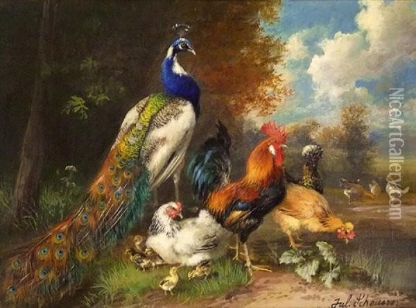 Pfau, Hahn Und Huhner Mit Kuken Am Teich Oil Painting - Julius Scheuerer