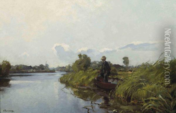 Man Fishing In The Old Rhine Oil Painting - Hendrik Frauenfelder