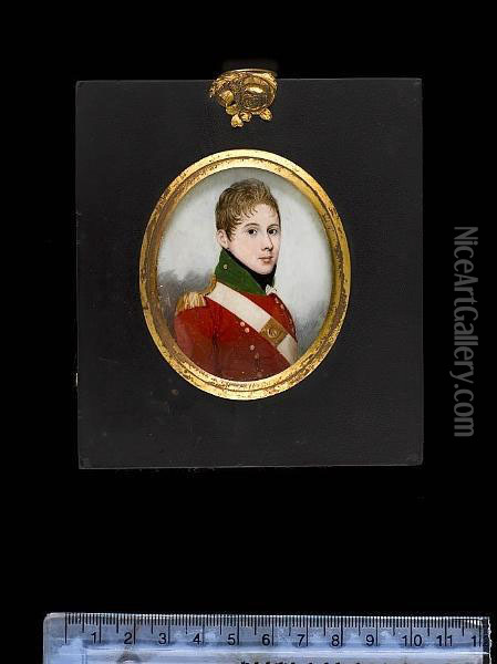 John Spread Fenton, Wearing The Uniform Of The 11th (the North Devonshire) Regiment Of Foot, Scarlet Coatee With Green Collar, Gold Epaulette, White Cross-belt, The Belt Plate Bearing Number Oil Painting - Frederick Buck