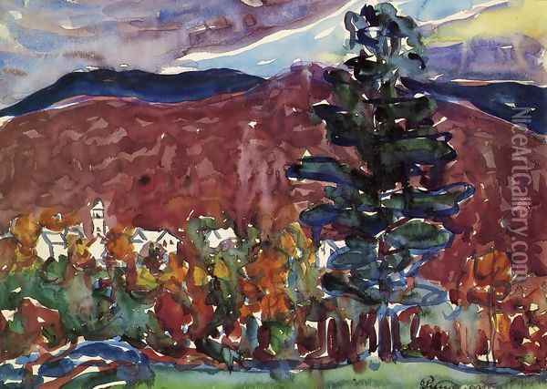 Village Against Purple Mountain Oil Painting - Maurice Brazil Prendergast