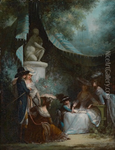 Eine Elegante Gesellschaft Unter Einem Zelt Im Park (+ Der Morgenbesuch; 2 Works) Oil Painting - Philibert Louis Debucourt