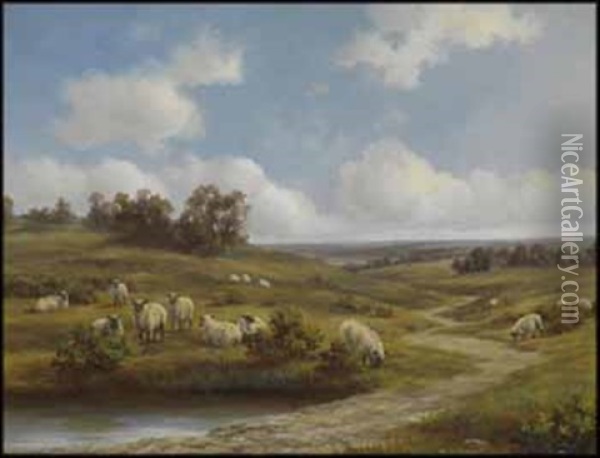 Sheep Pasture, Worcestershire, England Oil Painting - Henry Harold Vickers