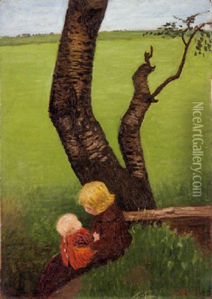 Madchen Mit Puppe Am Birkenstamm Sitzend Oil Painting - Otto Modersohn