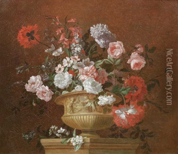 Poppies, Roses And Other Flowers In A Terracotta Urn Oil Painting - Pieter Casteels III
