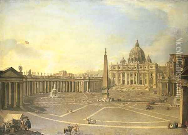 Saint Peter's, Rome, with Bernini's Colonnade and a procession in carriages Oil Painting - Italian School