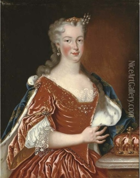 Portrait Of Queen Maria Leszczynska (1703-1768), Wife Of King Louis Xv Of France, Half-length, Her Crown On A Table Beside Her Oil Painting - Jean-Baptiste van Loo