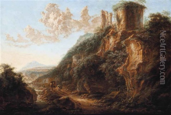 A Mountainous Italianate Landscape With Travellers On A Path By A Stream, Ruins In The Foreground Oil Painting - Gillis Neyts