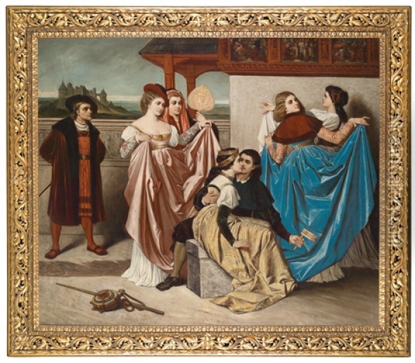 Figurliche Szene In Historisierenden Kostumen Oil Painting - Viktor Ritter von Schubert-Soldern