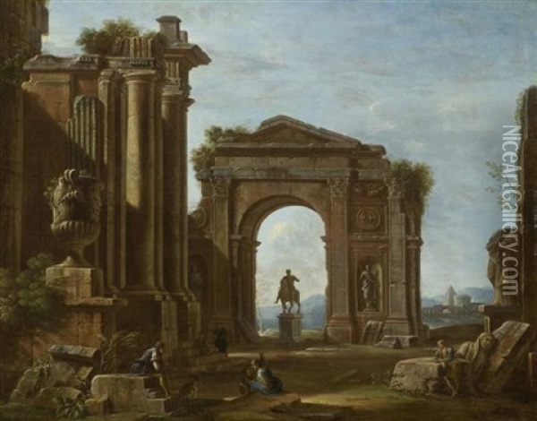 Ruinenlandschaft Mit Marc Aurel-reiterstatue Und Ruinenlandschaft Mit Herkules Farnese (pair) Oil Painting - Giovanni Paolo Panini