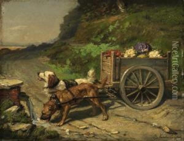 Two Dogs In Front Of A Vegetable Cart Oil Painting - Charles van den Eycken