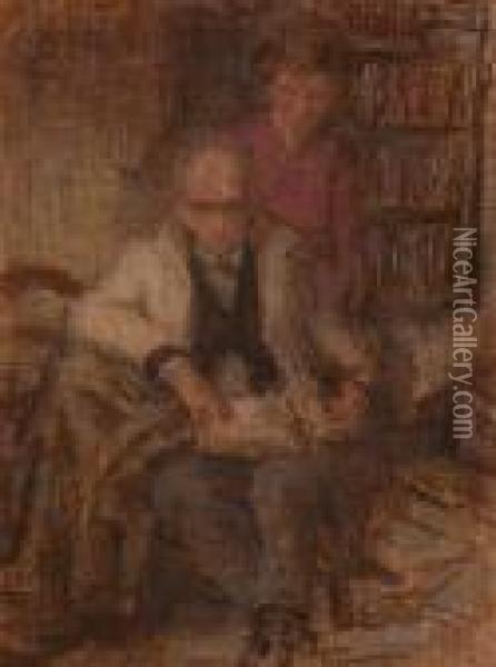 Self Portrait Of The Artist And Hilda In The Library Oil Painting - Harlod Hope Read
