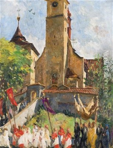 Procession In Front Of A Church Oil Painting - Jakub Obrovsky