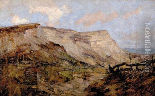 Two Works Rocky Cliffs Oil Painting - Franz Biberstein