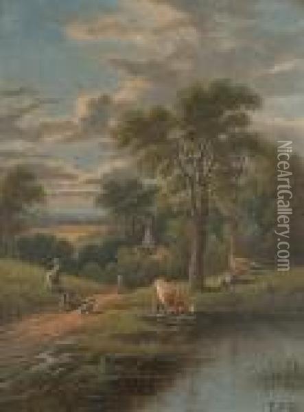 A Girl In A Landscape; Cattle Watering With Figures Nearby Oil Painting - Etty Horton