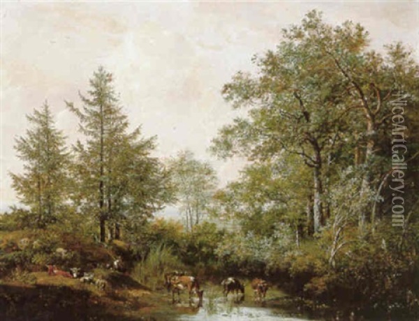 Boslandschap Met Vee En Figuren Bij Een Bosmeer Oil Painting - Pieter Gerardus Van Os