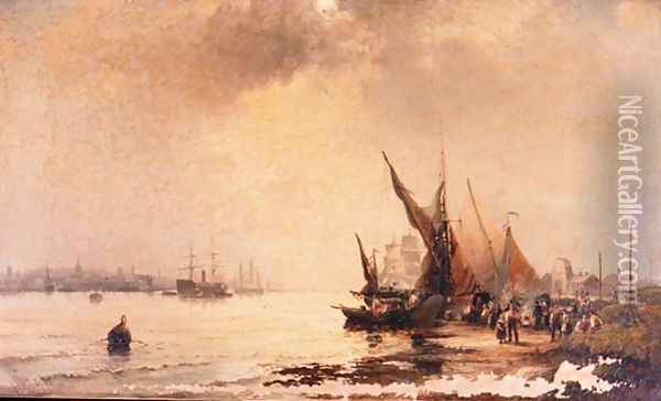 Fisherfolk on the Shore in a Calm Estuary Scene at Daybreak Oil Painting - Hubert Thornley