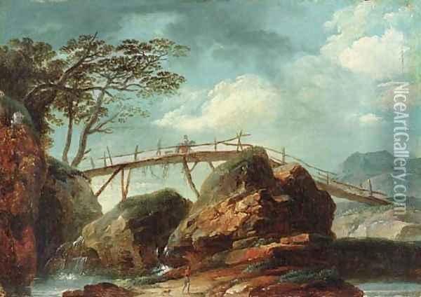 A river landscape with figures on a bridge Oil Painting - Allaert van Everdingen