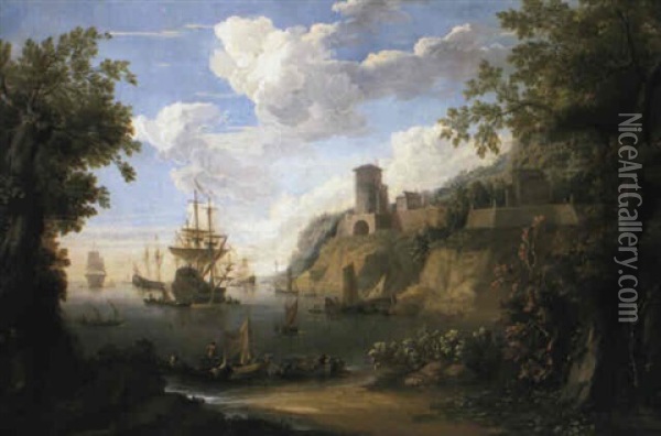 Mediterranean Harbour With Men-of-war At Anchor And Fishermen Oil Painting - Adriaen Van Diest